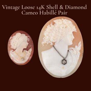 Vintage Loose 14K Shell and Diamond Cameo Habillé Pair